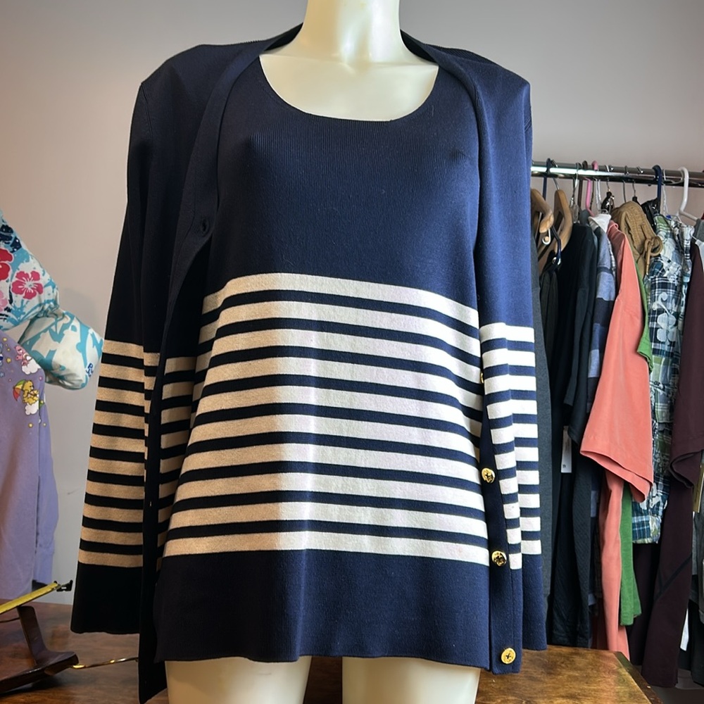 Lauren Ralph Lauren Blue and White Button Down Tank Top with Cardigan - Picture 9 of 16